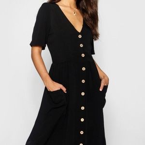Button Front Pocket Detail Midi Dress